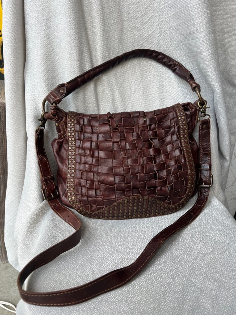 FRYE Woven Leather Shoulder Bag with Stud Trim in Dark Brown